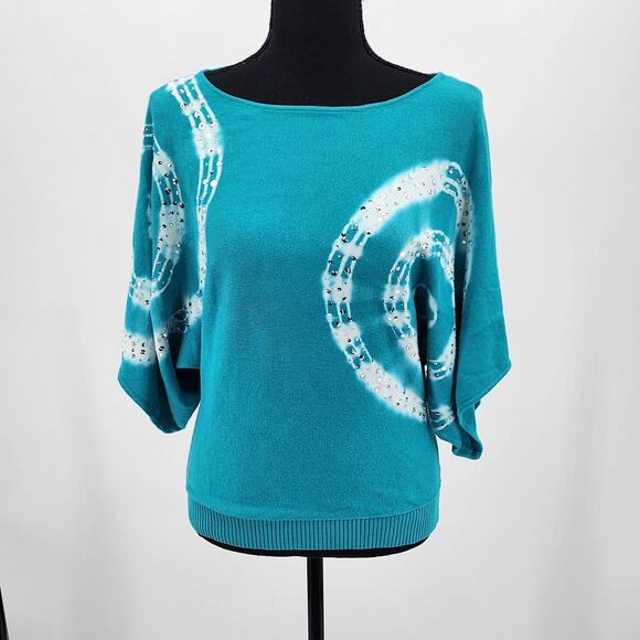 INC Blue and White w/Silver Sequin Short Draped Sleeve Sweater EUC Size S - Picture 1 of 8